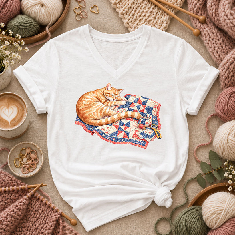 Orange Cat Sleeping On Patchwork Quilt Women's V-Neck - White
