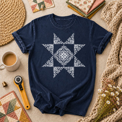 Ornate Quilt Star Block Vintage T-Shirt - Navy