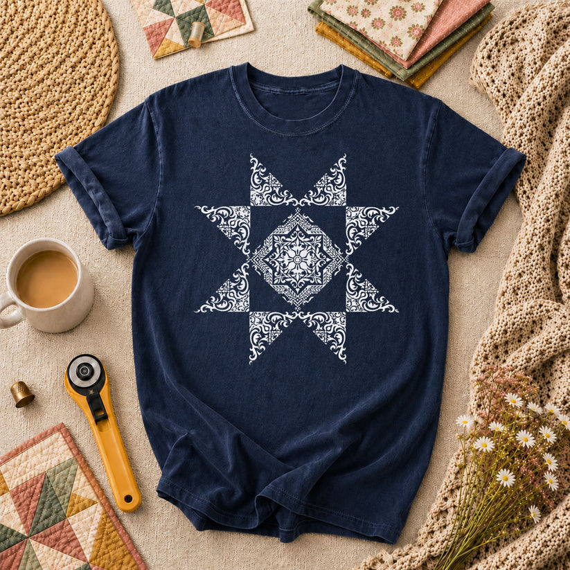 Ornate Quilt Star Block Vintage T-Shirt - Navy