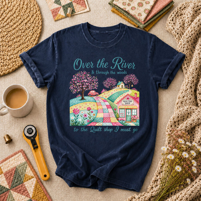 Over The River And Through The Woods To The Quilt Shop T-Shirt - Navy