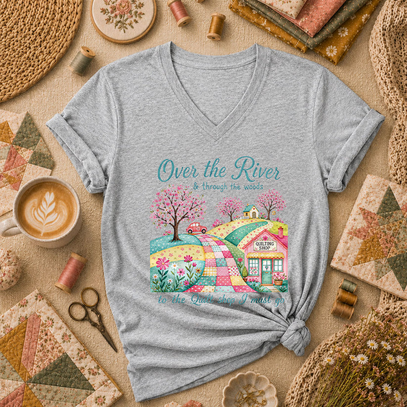 Over The River And Through The Woods To The Quilt Shop Women's V-Neck - Athletic Heather