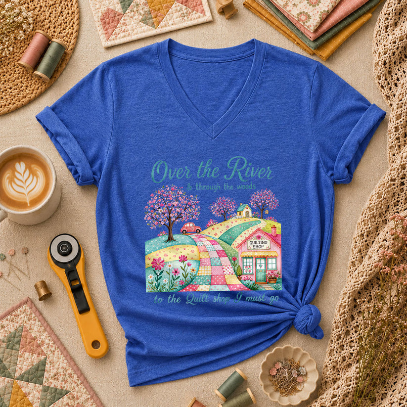 Over The River And Through The Woods To The Quilt Shop Women's V-Neck - Heather True Royal