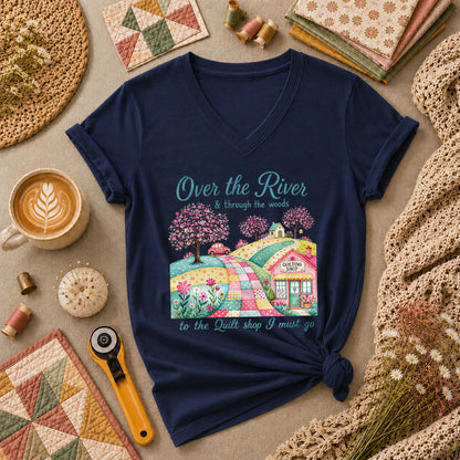 Over The River And Through The Woods To The Quilt Shop Women's V-Neck - Navy