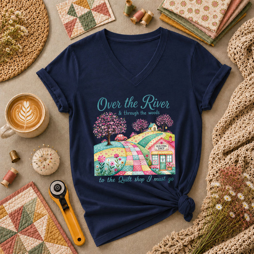 Over The River And Through The Woods To The Quilt Shop Women's V-Neck - Navy