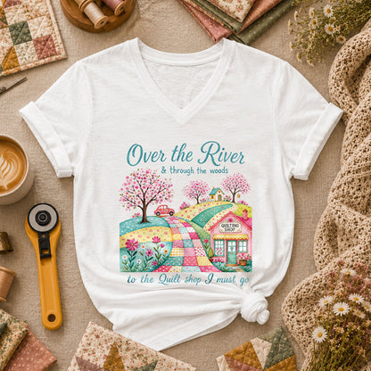 Over The River And Through The Woods To The Quilt Shop Women's V-Neck - White
