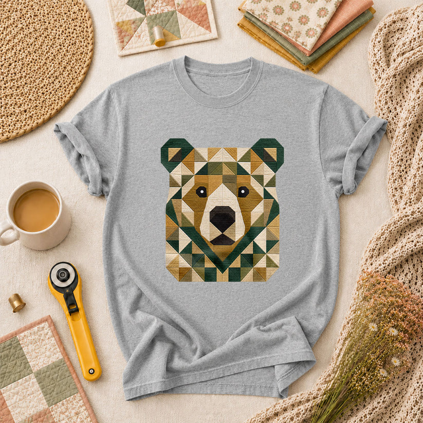 Patchwork Bear Face Geometric Quilt T-Shirt - Athletic Heather