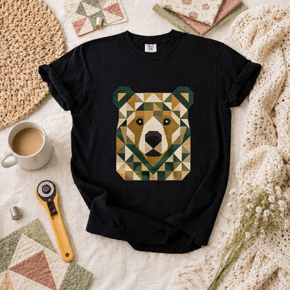 Patchwork Bear Face Geometric Quilt T-Shirt - Black