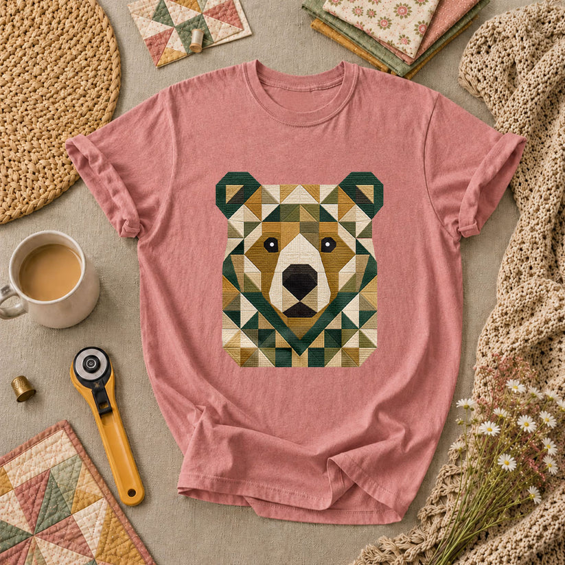 Patchwork Bear Face Geometric Quilt T-Shirt - Heather Mauve