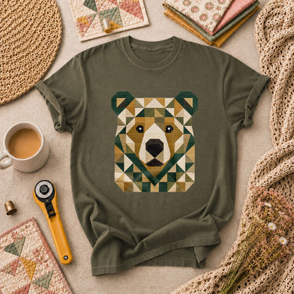 Patchwork Bear Face Geometric Quilt T-Shirt - Military Green