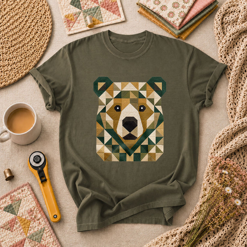 Patchwork Bear Face Geometric Quilt T-Shirt - Military Green