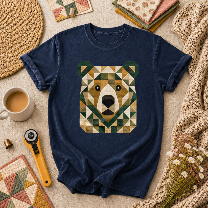 Patchwork Bear Face Geometric Quilt T-Shirt - Navy