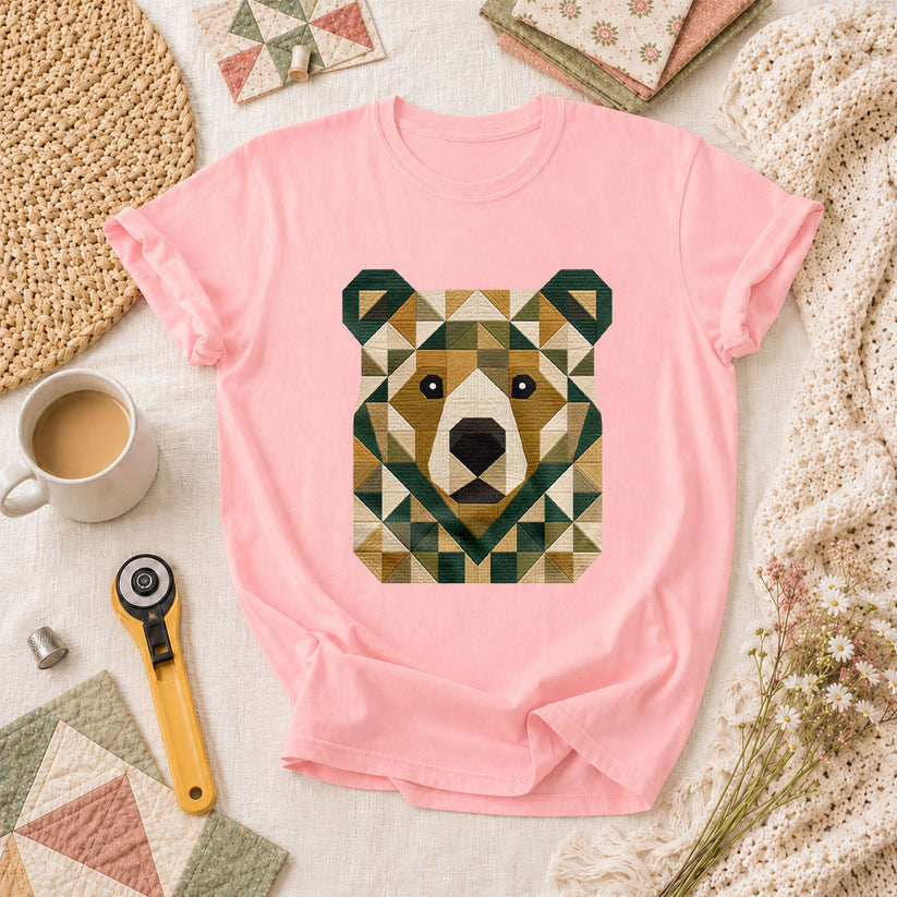 Patchwork Bear Face Geometric Quilt T-Shirt - Pink