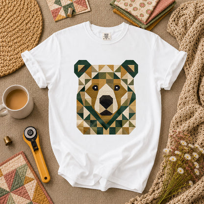 Patchwork Bear Face Geometric Quilt T-Shirt - White