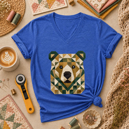 Patchwork Bear Face Geometric Quilt Women's V-Neck - Heather True Royal