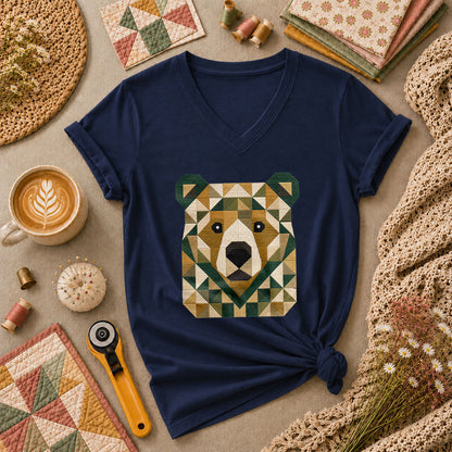 Patchwork Bear Face Geometric Quilt Women's V-Neck - Navy