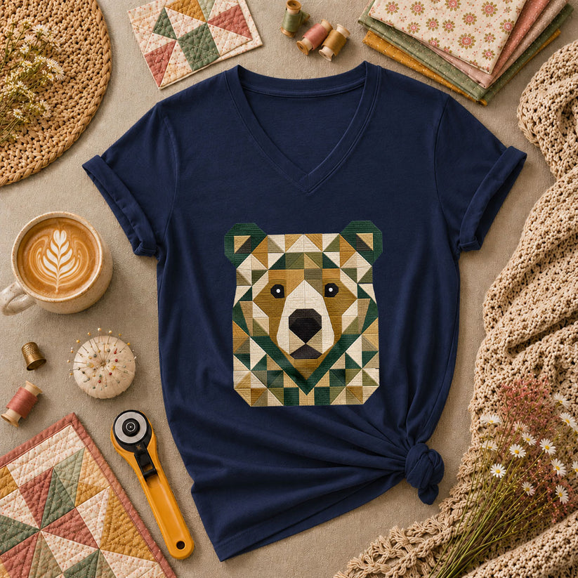 Patchwork Bear Face Geometric Quilt Women's V-Neck - Navy