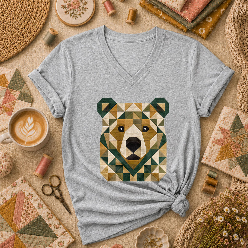 Patchwork Bear Face Geometric Quilt Women's V-Neck - Sport Grey