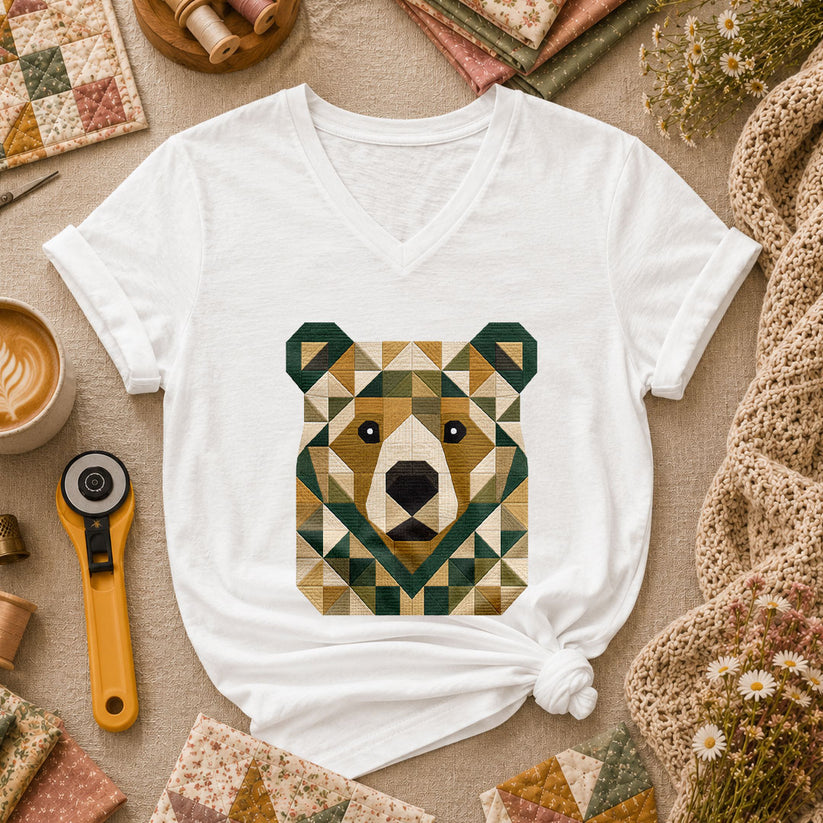 Patchwork Bear Face Geometric Quilt Women's V-Neck - White