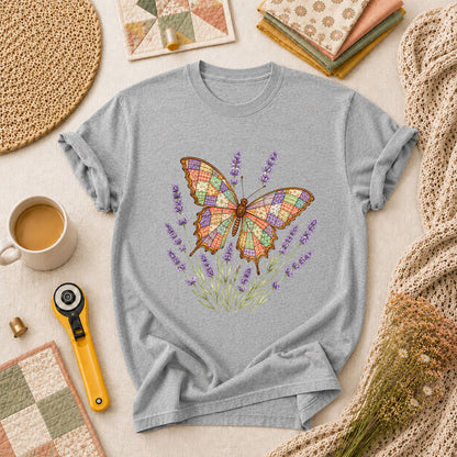 Patchwork Butterfly Lavender Wildflowers T-Shirt - Athletic Heather
