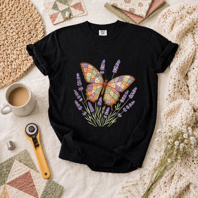 Patchwork Butterfly Lavender Wildflowers T-Shirt - Black