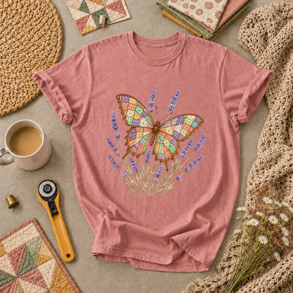 Patchwork Butterfly Lavender Wildflowers T-Shirt - Heather Mauve