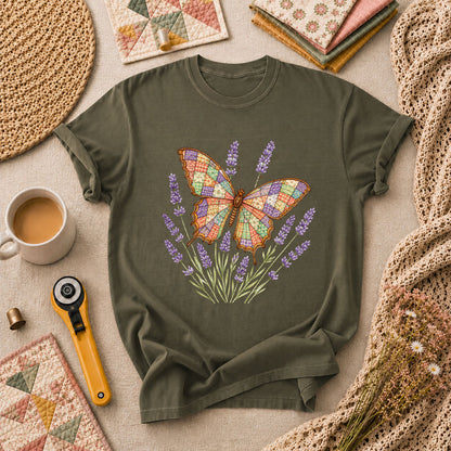 Patchwork Butterfly Lavender Wildflowers T-Shirt - Military Green