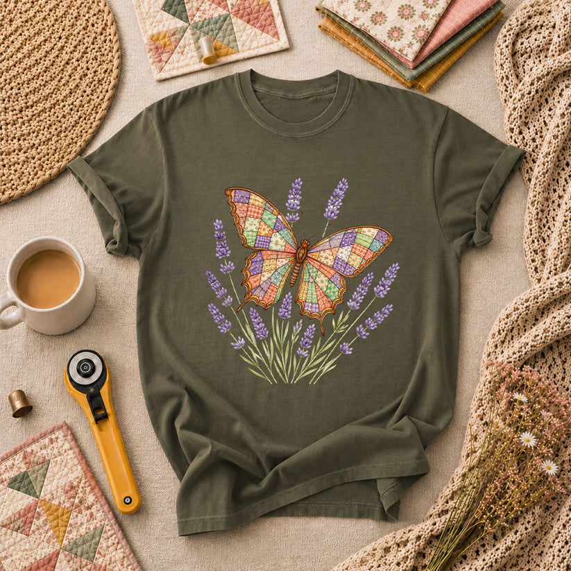 Patchwork Butterfly Lavender Wildflowers T-Shirt - Military Green