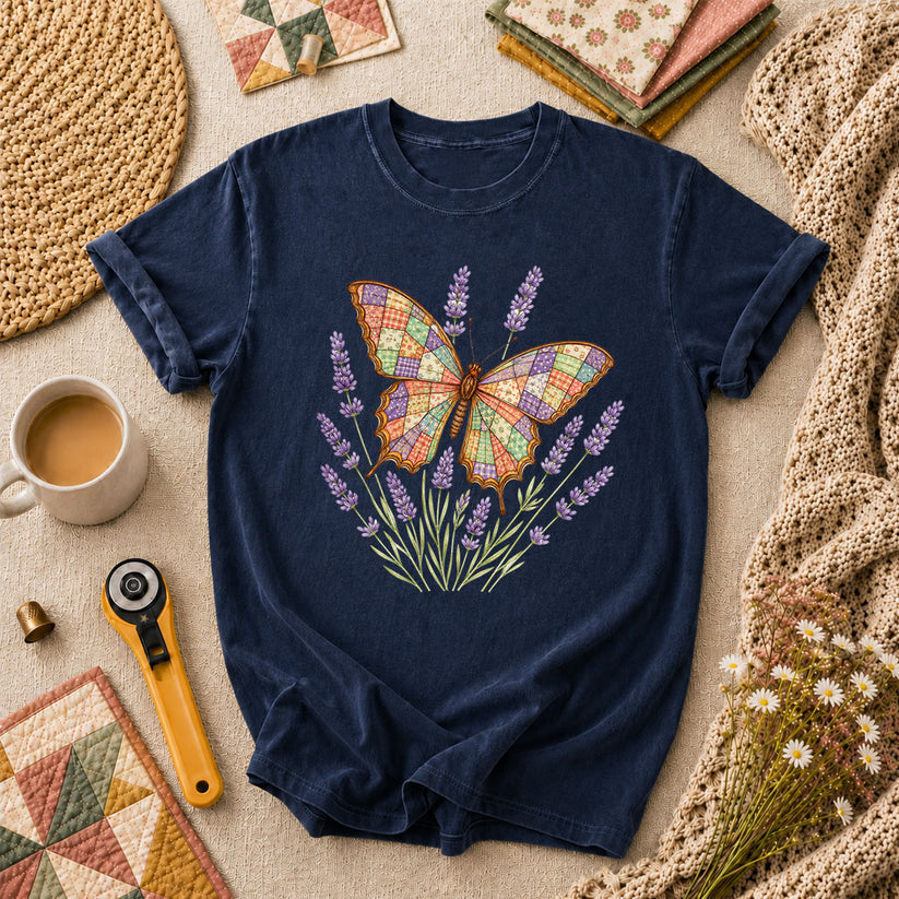 Patchwork Butterfly Lavender Wildflowers T-Shirt - Navy
