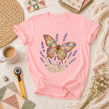 Patchwork Butterfly Lavender Wildflowers T-Shirt - Pink