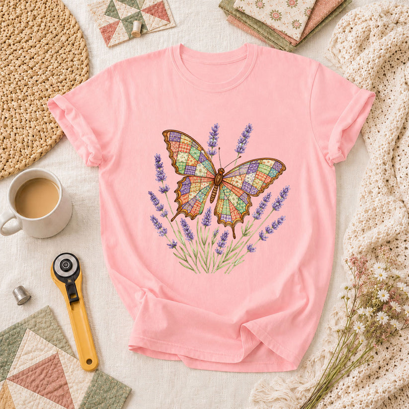 Patchwork Butterfly Lavender Wildflowers T-Shirt - Pink