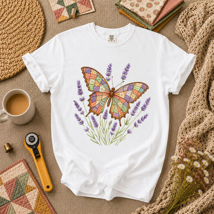 Patchwork Butterfly Lavender Wildflowers T-Shirt - White