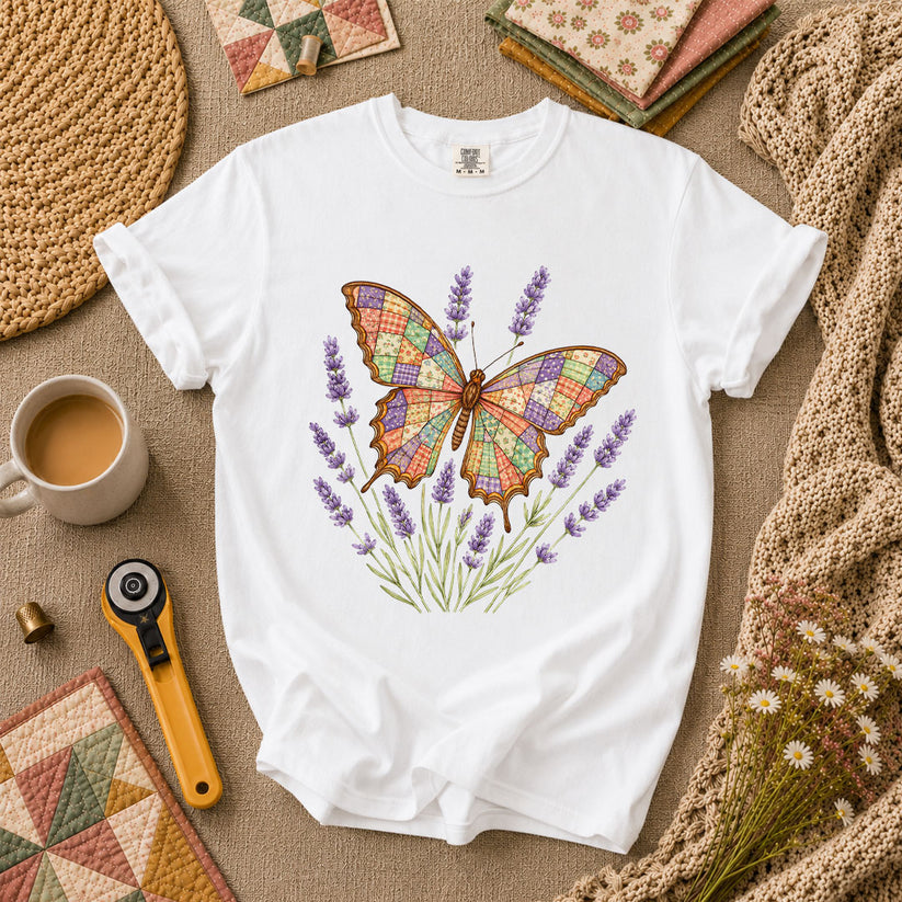 Patchwork Butterfly Lavender Wildflowers T-Shirt - White
