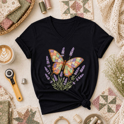 Patchwork Butterfly Lavender Wildflowers Women's V-Neck - Black