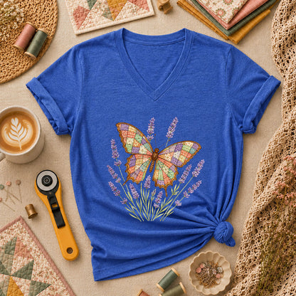 Patchwork Butterfly Lavender Wildflowers Women's V-Neck - Heather True Royal