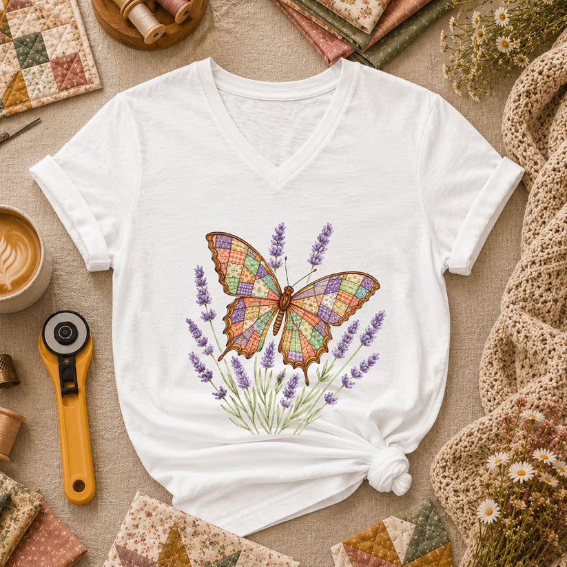 Patchwork Butterfly Lavender Wildflowers Women's V-Neck - White