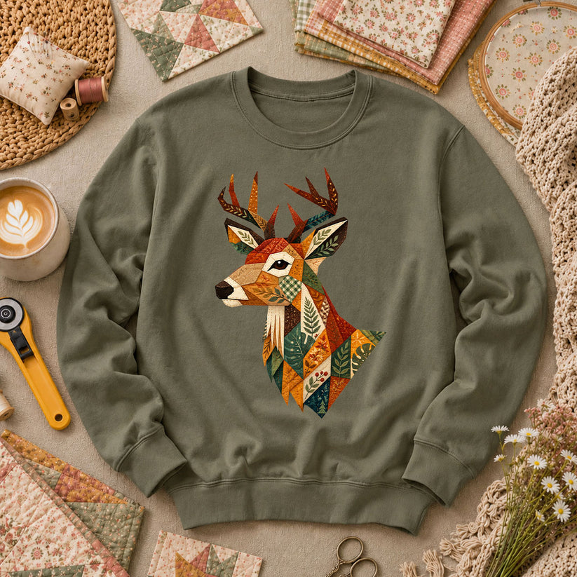Patchwork Fall Deer Head Long Sleeve - Military Green
