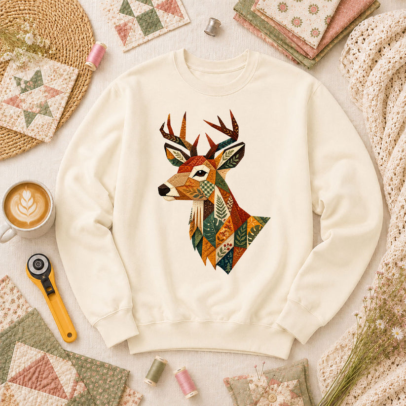 Patchwork Fall Deer Head Long Sleeve - Natural