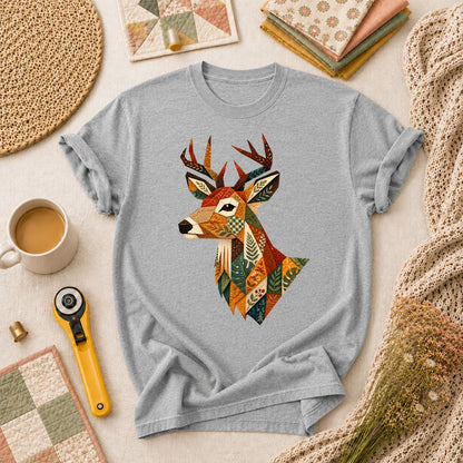 Patchwork Fall Deer Head T-Shirt - Athletic Heather