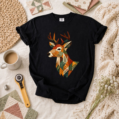 Patchwork Fall Deer Head T-Shirt - Black