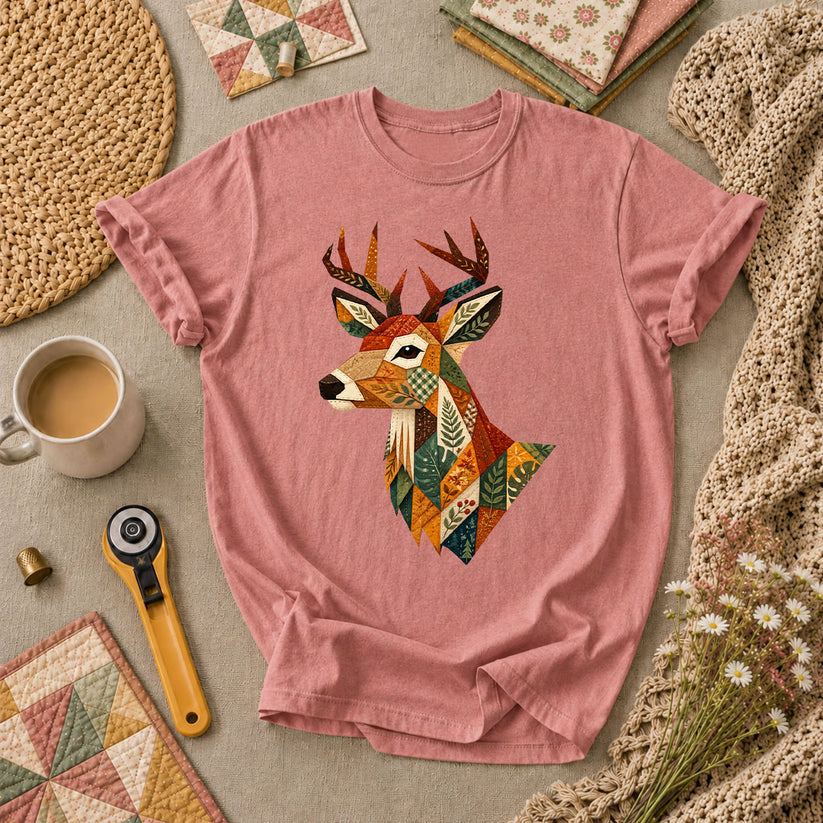 Patchwork Fall Deer Head T-Shirt - Heather Mauve