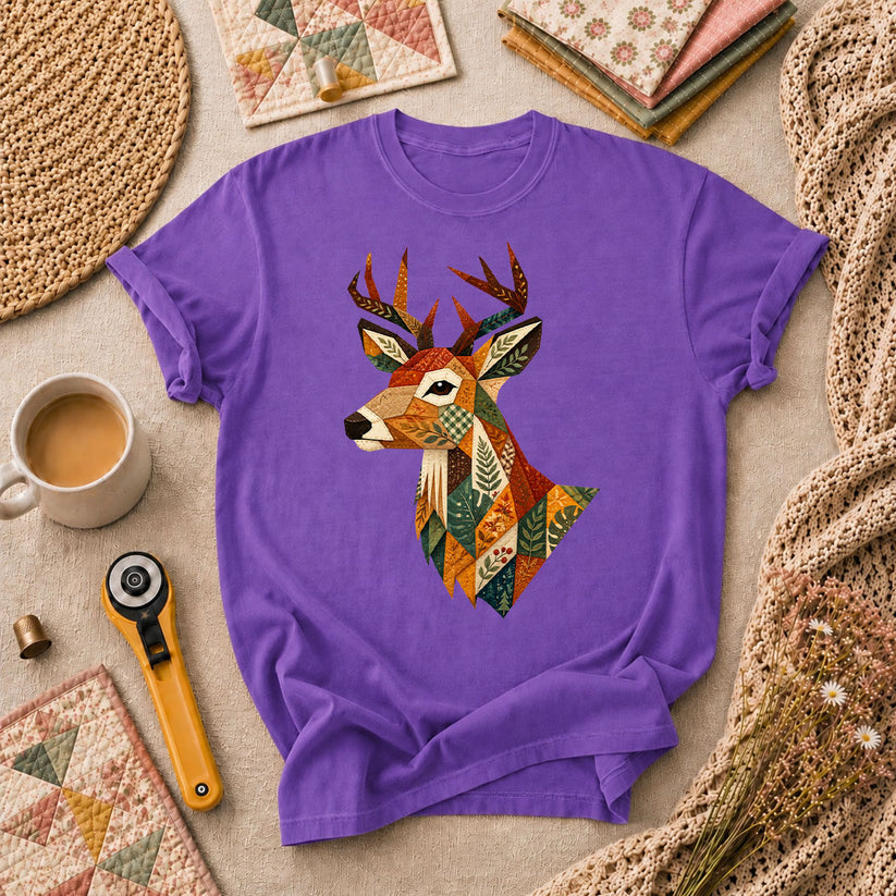 Patchwork Fall Deer Head T-Shirt - Heather Team Purple