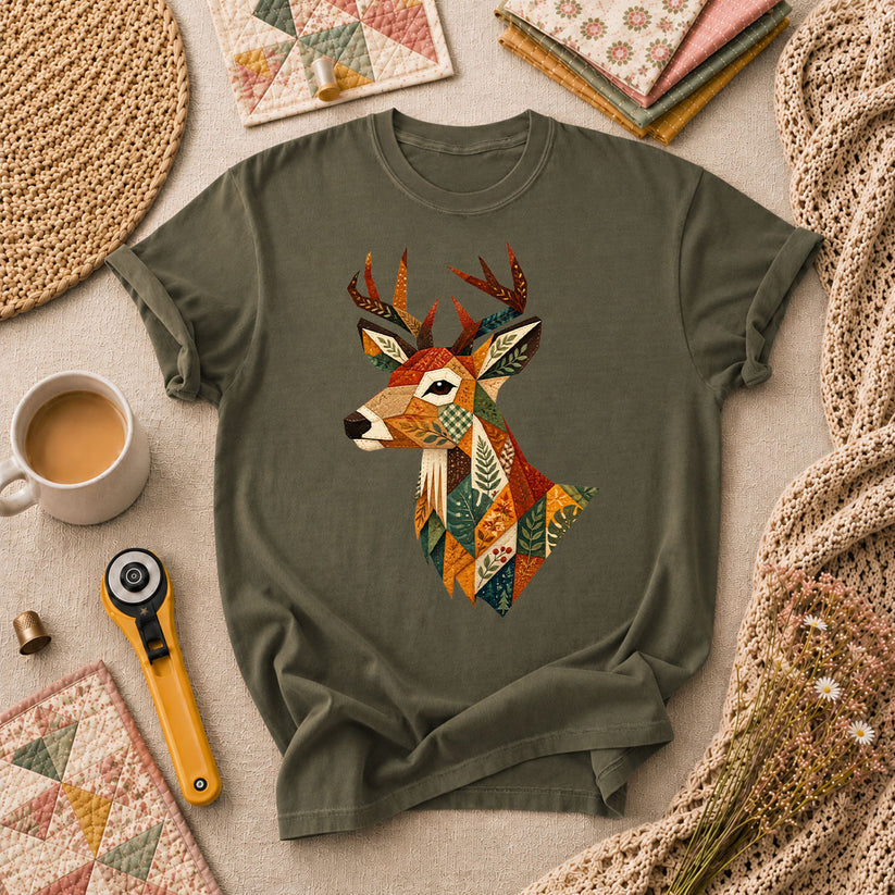 Patchwork Fall Deer Head T-Shirt - Military Green