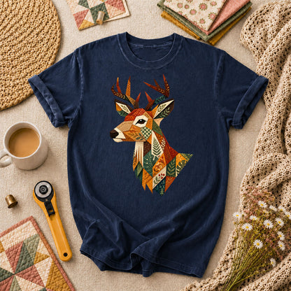 Patchwork Fall Deer Head T-Shirt - Navy