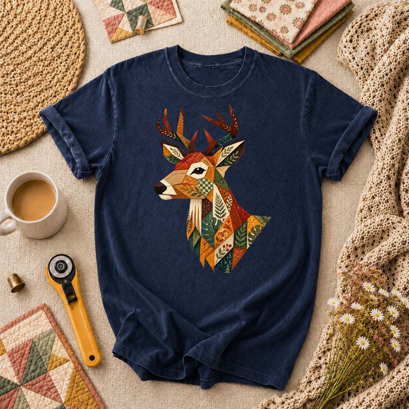 Patchwork Fall Deer Head T-Shirt - Navy