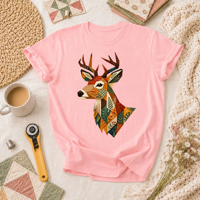 Patchwork Fall Deer Head T-Shirt - Pink