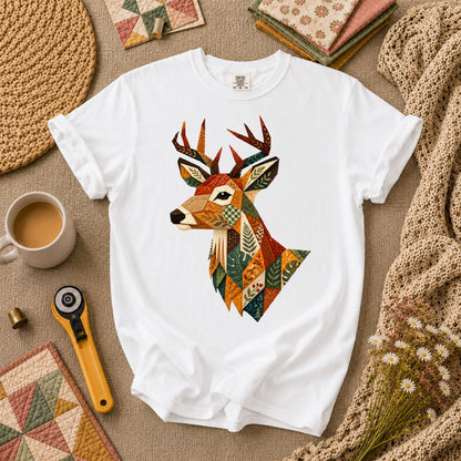 Patchwork Fall Deer Head T-Shirt - White