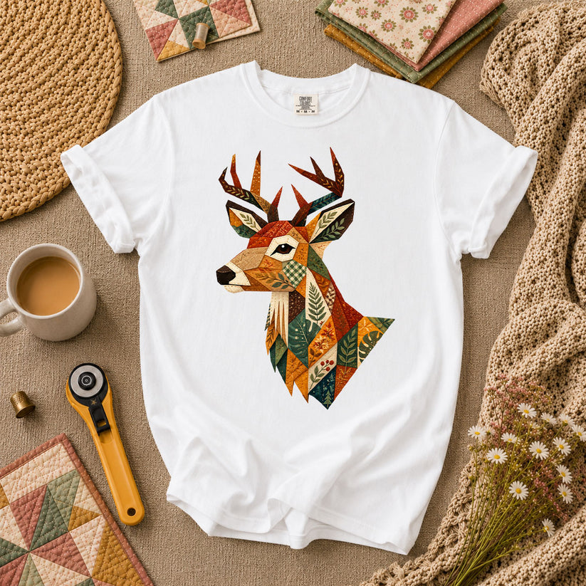 Patchwork Fall Deer Head T-Shirt - White