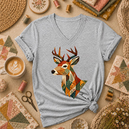 Patchwork Fall Deer Head Women's V-Neck - Athletic Heather