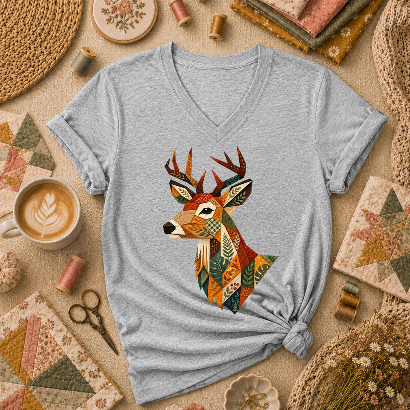 Patchwork Fall Deer Head Women's V-Neck - Athletic Heather