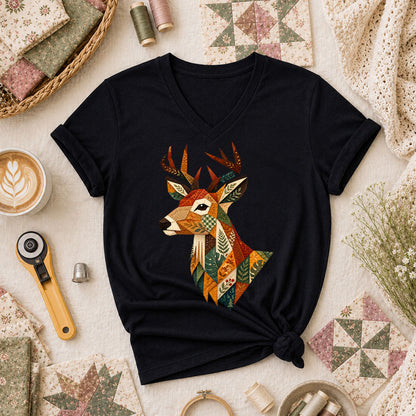 Patchwork Fall Deer Head Women's V-Neck - Black